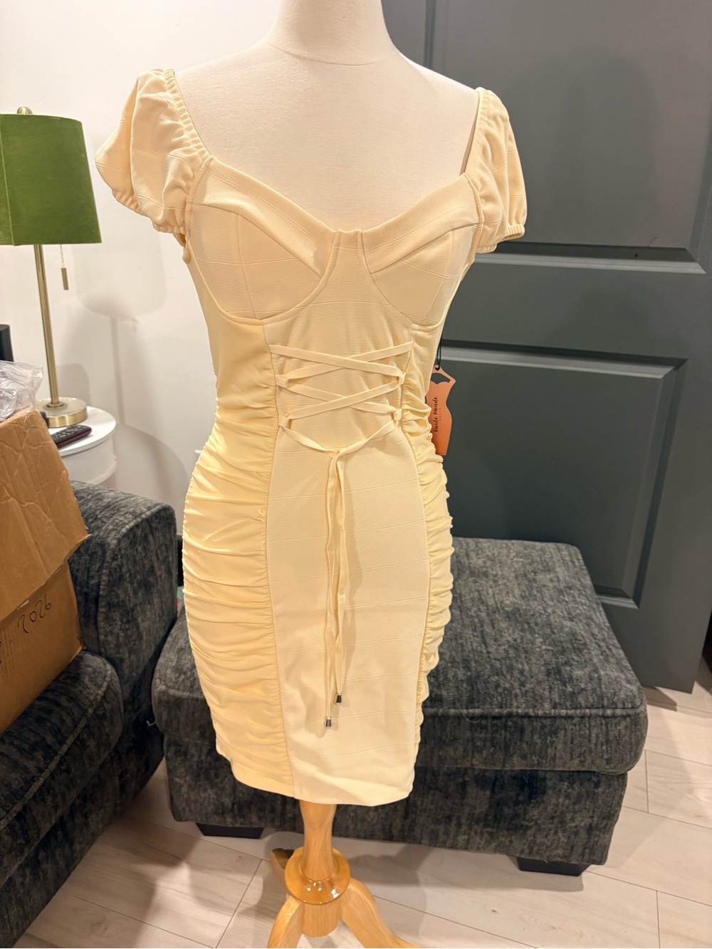 Haute Monde Pale Yellow Lace-Up Ruched Mini Dress